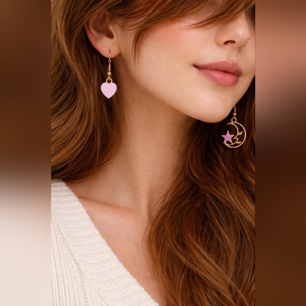 Handmade Mismatched Moon & Heart Earings / Gold Tone / Unique Gift - Picture 2 of 2